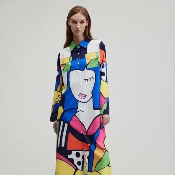 Art Decor Geometric Button Down Straight Fit Long Dress - Picture 9 of 10